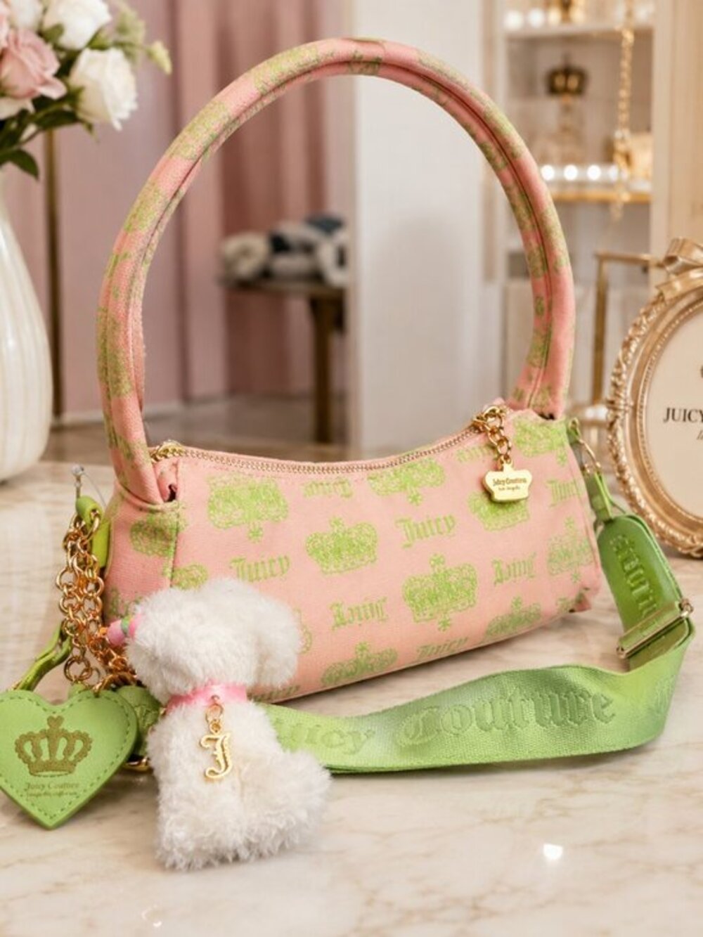 Juicy Couture Festival Pink Green Crown Shoulder Bag Charms NWT